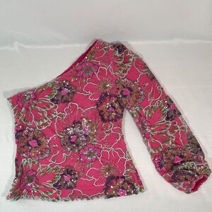Boston Proper Sequin Multicolor Floral Mesh One Shoulder Top S Glam Maximalist